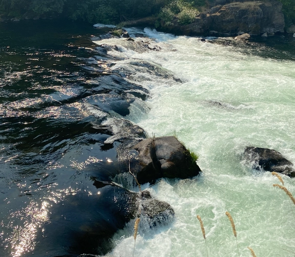 Raft floating on the North Santiam River in Oregon near Mill City and Stayton