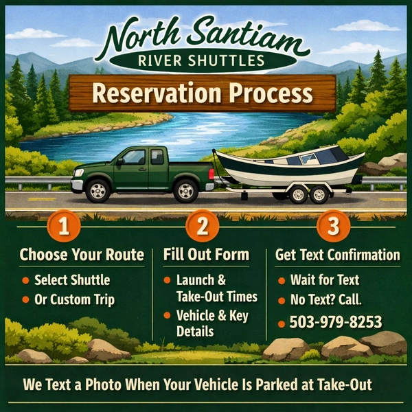 North Santiam River Shuttles reservation process infographic with truck towing McKenzie River drift boat along river highway